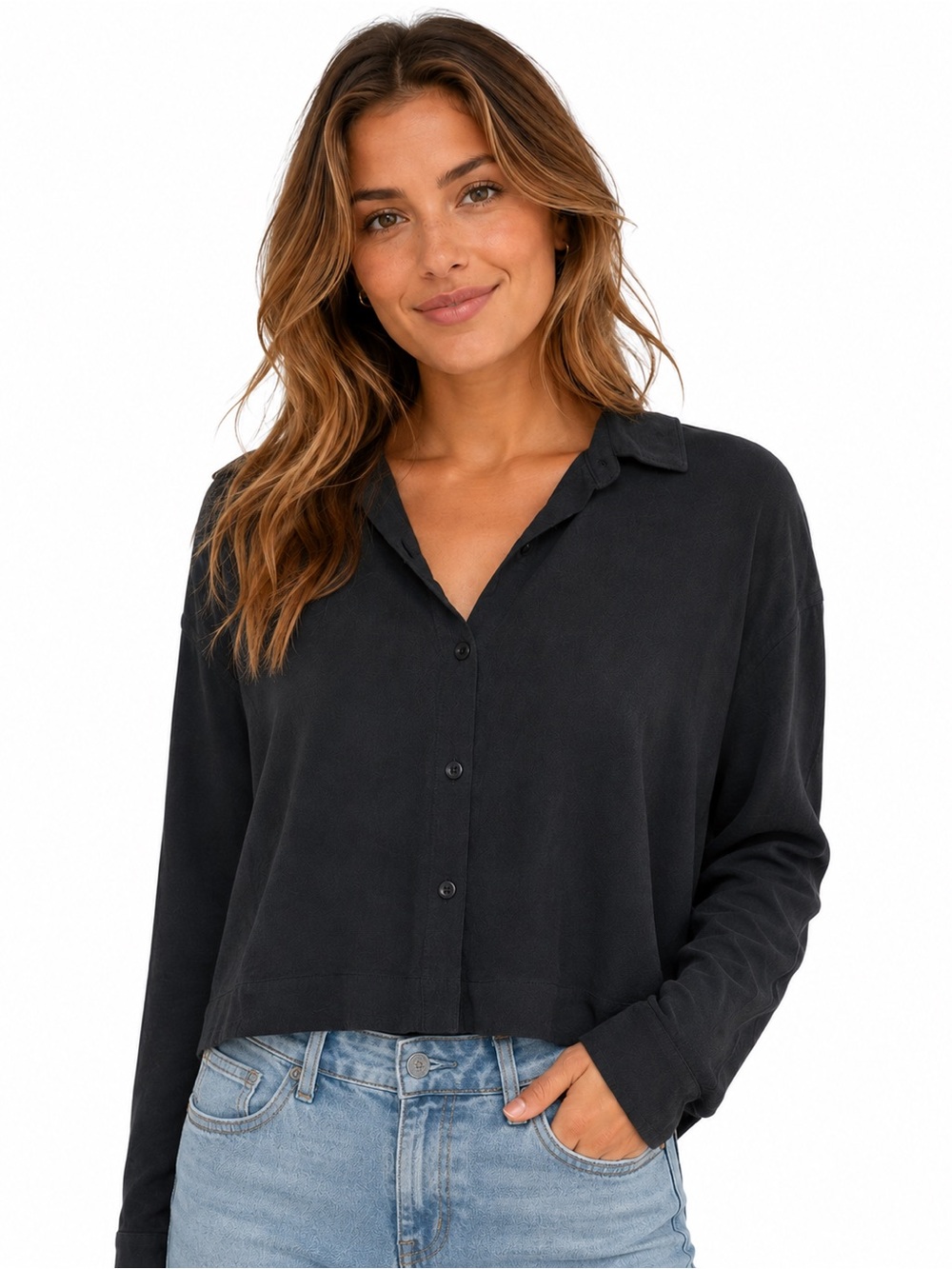 Madewell Black Button-Front Relaxed Long-Sleeve cropped Shirt